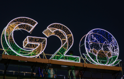 G20 logo installed on a pedestrian bridge outside the main venue of the upcoming G20 Summit