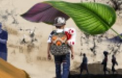 Collage that includes people holding a sign, a large leaf, and people travelling