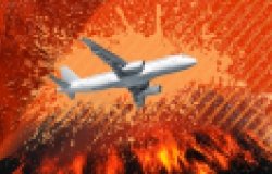 Illustration of a plane flying over an exploding volcano