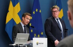 Sweden’s Prime Minister Ulf Kristersson and Minister of Justice Gunnar Strömmer giving a press briefing on Sweden's handling of the recent Quran desecrations in Stockholm, Sweden on August 1 2023.
