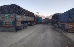 The image displays several large trucks on the Pakistan-Afghanistan border transporting animal hides.