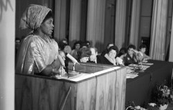 The celebration of the International Women's Day on March 8 at the Patrice Lumumba People's Friendship University. Wilhelmina Scott Boyle, a third year student from Sierra Leone speaks at the podium.
