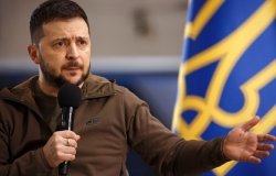 Press conference of Volodymyr Zelenskyy the President of Ukraine during Russian Ukrainian war at Kyiv Metro station to protect against air strikes. Kyiv, Ukraine