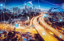 Infrastructure grid over city landscape