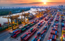 Aerial view of port and shipping containers