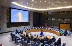 A wide view of the UNSC as Inger Andersen, Executive Director of UNEP, briefs the Council meeting on peace and security in Africa, particularly on an ongoing disagreement regarding the Grand Ethiopian Renaissance Dam.