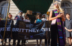 NEW YORK, N.Y. – June 29, 2022: Rev. Amanda Hambrick Ashcraft, right-foreground, speaks at a vigil for Brittney Griner held outside the Consulate-General of Russia in New York City.