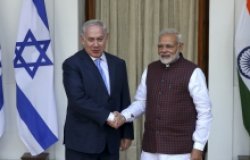India's Prime Minister Narendra Modi, right and Israeli Prime Minister Benjamin Netanyahu pose for the media before a meeting in New Delhi, India, Monday, Jan.15, 2018. Netanyahu arrived in India on Sunday for a six-day visit, his first to India. (AP Photo)