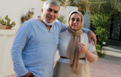 Nabeel Rajab and his daughter pose after he is freed from prison