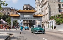 Barrio chino, gate in Havana, Cuba. Havana Cityscape with Local Vehicles, Architecture and People. Cuba. China Gate
