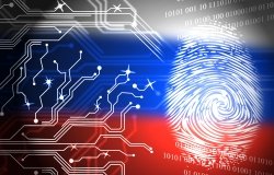 The Russian flag with a fingerprint transposed over the top