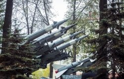 Defense forces weapon. antiaircraft missles rockets with warhead aimed to the sky. Weapons of mass destruction. Missiles with warheads, stand in a row, ready to launch.