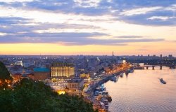 Skyline of Kyiv at twilight