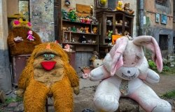 Stuffed animals on the street of Lviv, Ukraine.