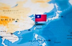 Taiwan Flag on top of a map depicting East Asia