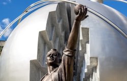 Obninsk, Russia - September 2016: Monument to the Pioneers of Nuclear Energy. Scientist goes out of the atom
