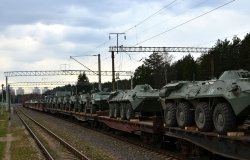 Russian tanks being shipped via cargo rail