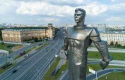July 22, 2019: aerial view of Yuri Gagarin monument on Gagarin Square on a sunny summer day