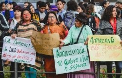 Protest in Miraflores district in front of Brazilian embassy against environmental policy of Bolsonaro president in Brasil after fires in the Amazon