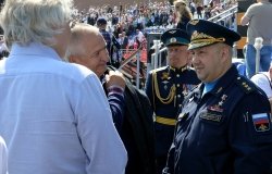 MOSCOW, RUSSIA - MAY 7, 2019: Commander-in-Chief of the Aerospace Forces of the Russian Federation, Colonel General Sergei Surovikin at a rehearsal of the parade on Red Square in honor of Victory Day