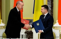 Turkish President Recep Erdogan and Ukrainian President Volodymyr Zelensky shake hands in Kiev, Ukraine February 3, 2020
