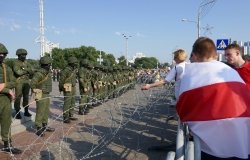Minsk, Belarus - August 30, 2020. Barbed wire, troops. Protesting against dictator Lukashenko. Protest march against the results of the presidential elections, peaceful protests.