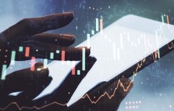 Abstract creative financial graph with world map and with finger clicks on a digital tablet on background, forex and investment concept. Multiexposure