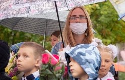 Students at the first day of School (Day of Knowledge) in Tomsk, Russia, 2020.