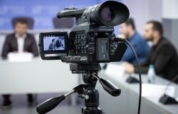 News conference, TV camera in press center. Kyiv, Ukraine. October 29, 2020.