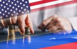 United States and Russia sanctions. Governments conflict concept