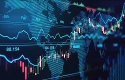 Trading market concept with financial graphs, glowing lines and diagram on digital screen at world map background. 3D rendering