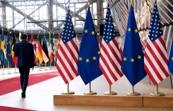 European and US flags in European Council in Brussels