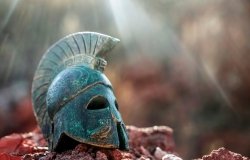A trojan helmet on the ground