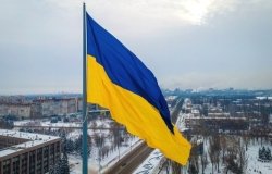 The aerial view of the Ukraine flag in Winter