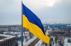 Ukraine Flag Over a Winter Landscape