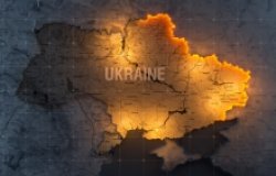 heat map of Ukraine depicting areas of armed conflict to the north, south, and east