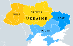 A map of Ukraine with color-coded regions: north, center, east, and south.