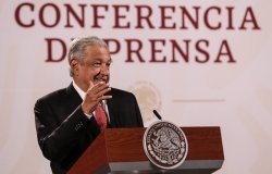 Andres Manuel Lopez Obrador president of Mexico in his press conference in Palacio Nacional.