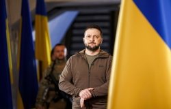 APR-23-2022 Press conference of Volodymyr Zelenskyy the President of Ukraine during Russian Ukrainian war at Kyiv Metro station to protect against air strikes. Kyiv, Ukraine