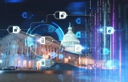 Front view, Capitol dome building at night, Washington DC, USA. Illuminated Home of Congress and Capitol Hill. Decentralized economy.