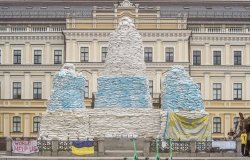 Kyiv, Ukraine - June 5 2022. Monument to Princess Olga barricaded with sandbags.