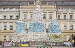 Kyiv, Ukraine - June 5 2022. Monument to Princess Olga barricaded with sandbags.