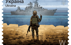 post stamp depicting Ukrainian soldier raising his middle finger to a Russian warship  