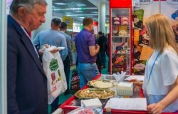 Vendor stalls at the 30th International Exhibition for Food, Beverages, and Food Raw Materials in Moscow, Russia