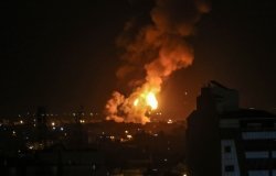 A ball of flames erupted after the Israeli warplanes bombed a military site of the Martyr Izz al-Din al-Qassam Brigades, the military wing of Hamas, in Rafah, in southern Gaza Strip, on May 3, 2023.