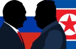 Kim and Putin Silhouettes in front of North Korean and Russian flags