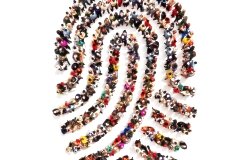 Large group pf people in the shape of a fingerprint on an isolated white background. 