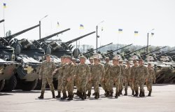 KHARKIV REG., UKRAINE - Aug 23, 2015: Weaponry and military equipment of the armed forces of Ukraine before being sent to the war zone in eastern Ukraine