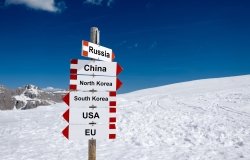 Concept art. Sign posts for North Korea, South Korea, USA, EU, China and Russia point in different directions.
